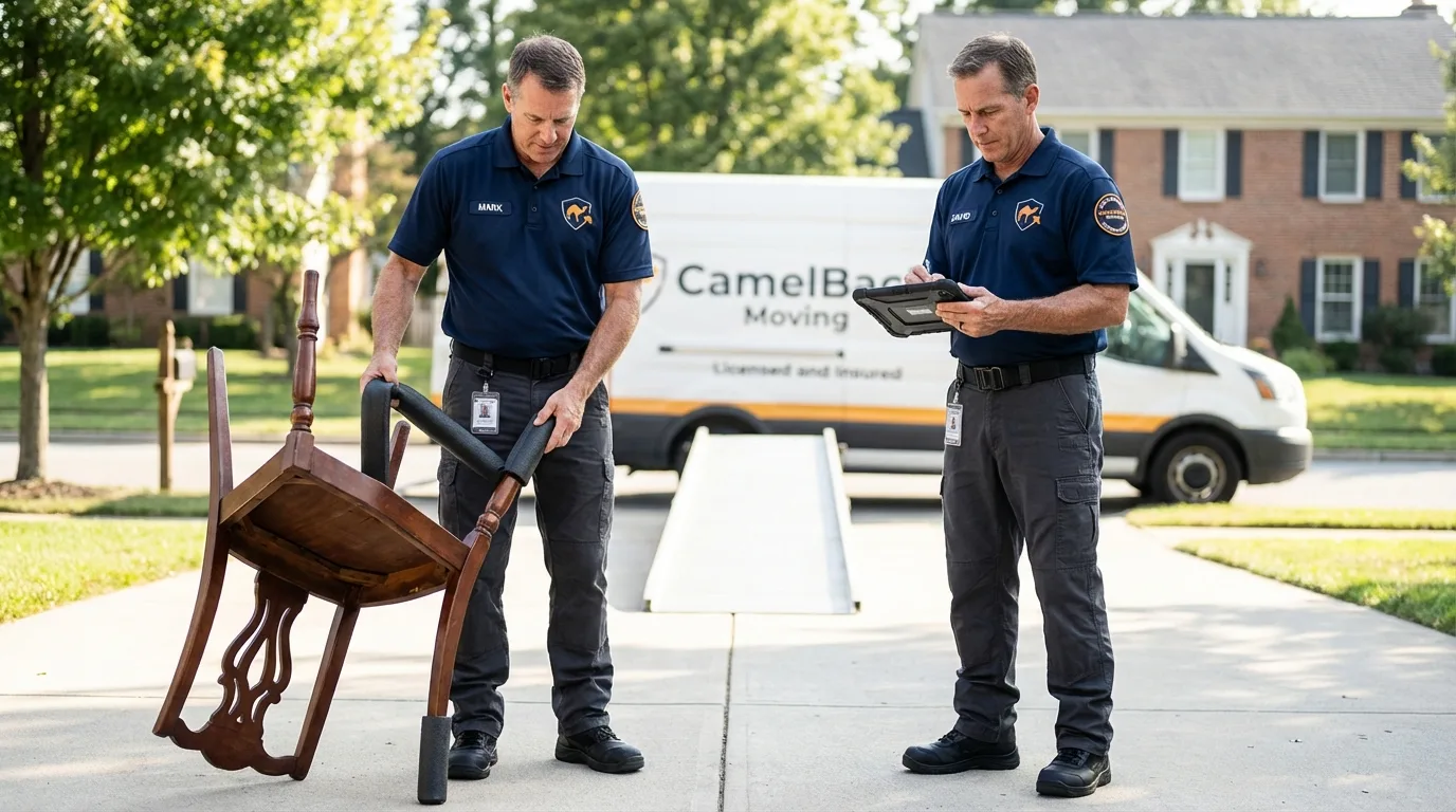 Movers inspecting furniture for damage prevention before loading in Yellow Springs, OH