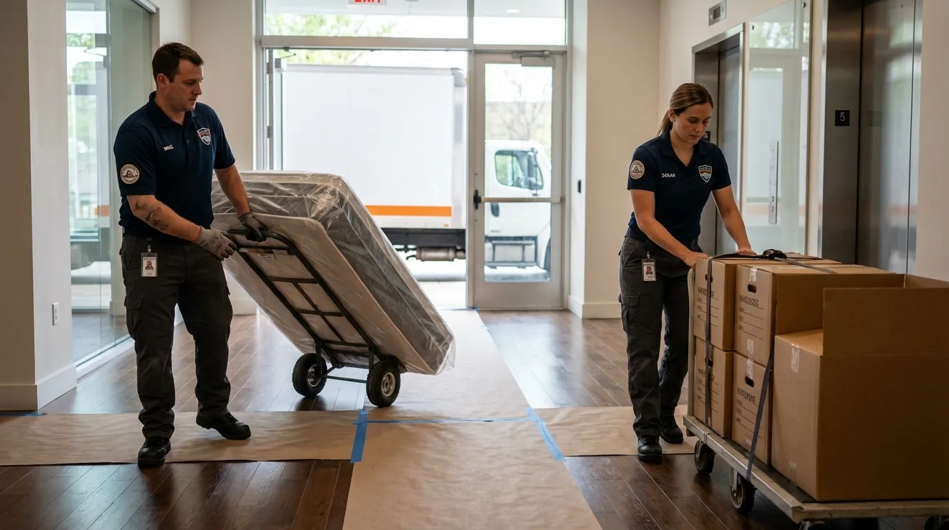 Professional apartment movers loading elevator in Yellow Springs, OH