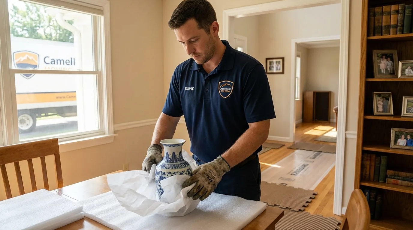 Professional crew carefully wrapping antique vase for senior downsizing move in Yellow Springs, OH